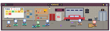 The Garage: every project's roombas together, a car, a workbench and a roll-up door