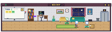 The webshop room: a living room with a couch and a TV